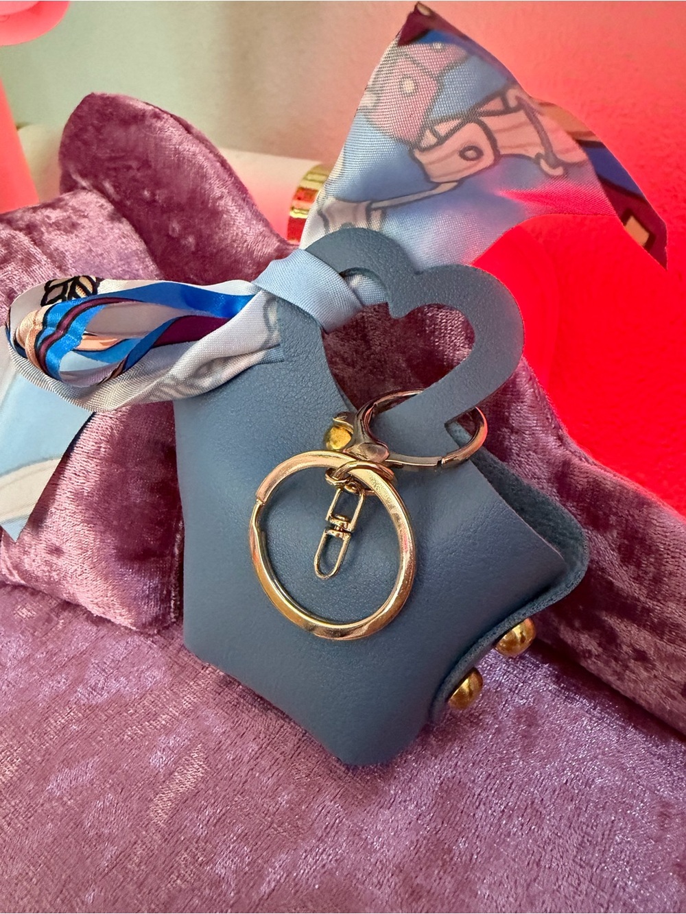 Blue Heart Charm Mini Bag with Gold Hardware and Printed Scarf